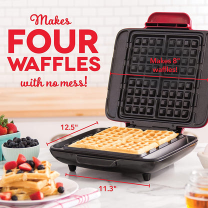 Deluxe No-Drip Waffle Iron Maker Machine 1200W + Hash Browns, or Any Breakfast, Lunch, & Snacks with Easy Clean, Non-Stick + Mess Free Sides, Red