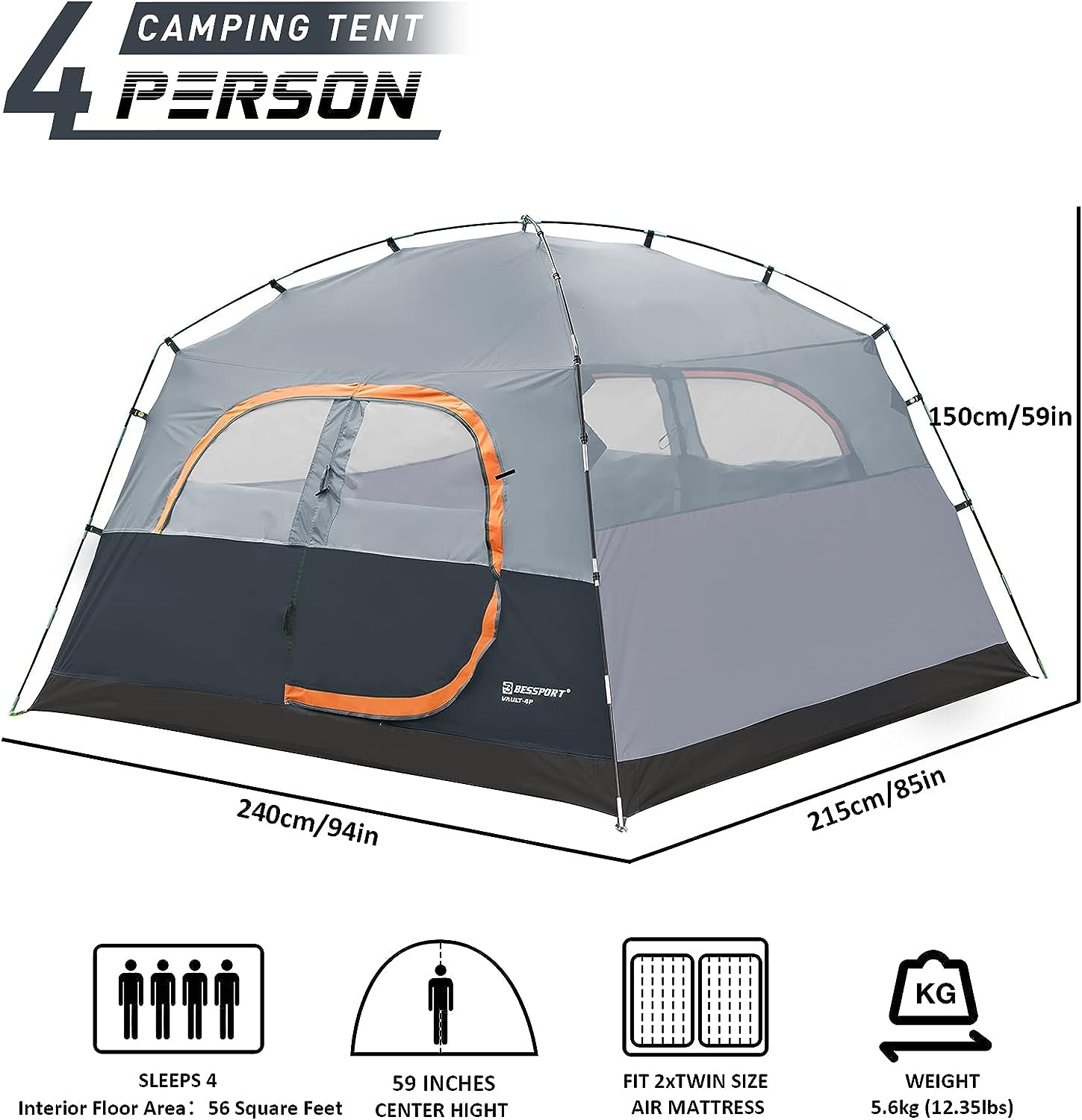 Tent 4 Person Camping Tent,Waterproof & Windproof Backpacking Tent,Easy Setup,For 3-4 Seasons Lightweight Tent,Great for Outdoor, Mountaineering and Glamping