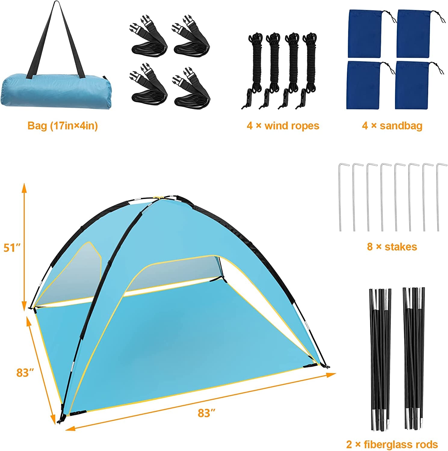 Beach Tent, Portable Beach Sun Shelter for UPF 50+ UV Protection, Easy Set up 3-4 Person Beach Tent Shade with Carry Bag, anti UV Beach Canopy Tent for Fishing Hiking Camping