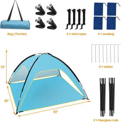 Beach Tent, Portable Beach Sun Shelter for UPF 50+ UV Protection, Easy Set up 3-4 Person Beach Tent Shade with Carry Bag, anti UV Beach Canopy Tent for Fishing Hiking Camping
