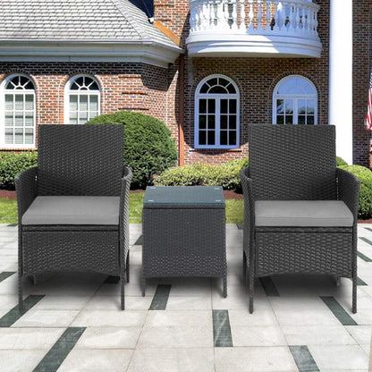 3-Piece Outdoor Patio Bistro Set Outdoor Furniture Chairs Black Wicker Porch Furniture with Glass Coffee Table (Grey Cushion)