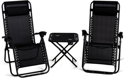 3 PCS Zero Gravity Chair Patio Chaise Lounge Chairs Outdoor Yard Pool Recliner Folding Lounge Table Chair Set (Black)