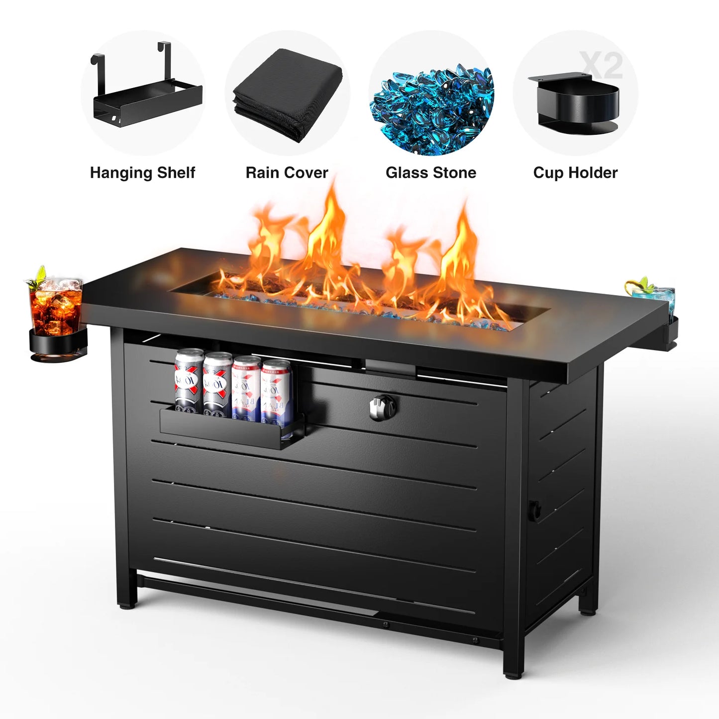 43" Propane Fire Pits for outside 60,000 BTU Gas Fire Pit Table for outside with Lid , Glass Beads, Cup Holders, Hanging Shelf & Nylon Cover, Rectangle