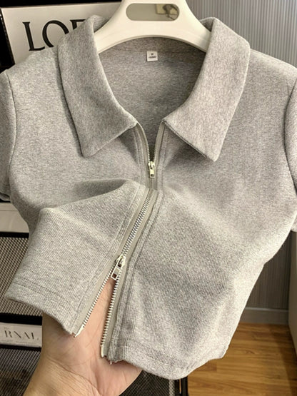 Polo Instagram-Style Shoulder Double-Zipper Short-Sleeve Top