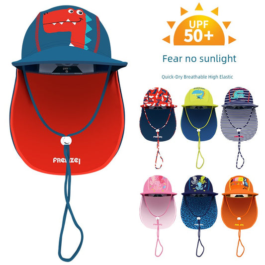 Flange Left Children's Seaside UV Protection Beach Sun Hat Cartoon Breathable Boys and Girls Baby Sun Protection Swimming Cap Neck Protection