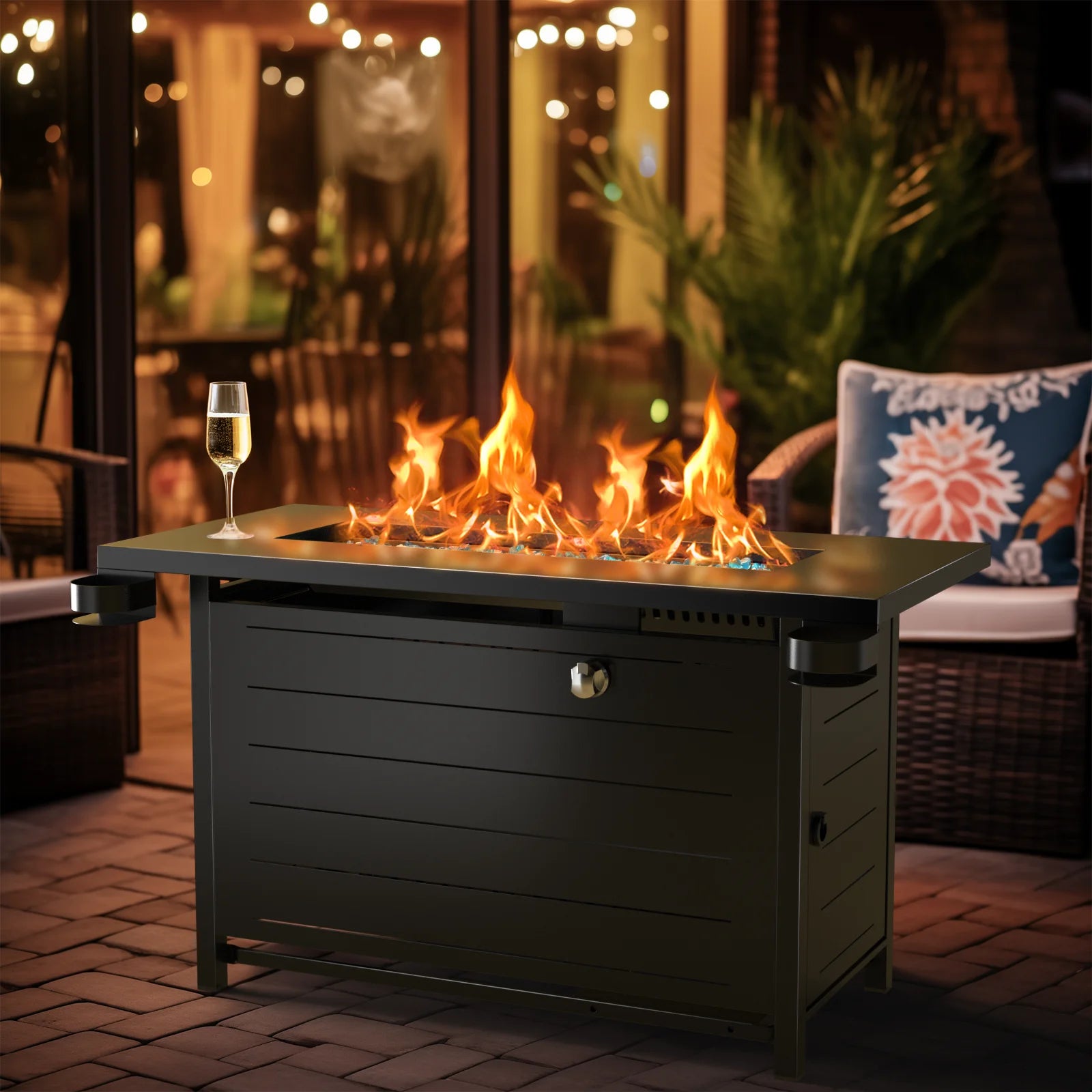 43" Propane Fire Pits for outside 60,000 BTU Gas Fire Pit Table for outside with Lid , Glass Beads, Cup Holders, Hanging Shelf & Nylon Cover, Rectangle