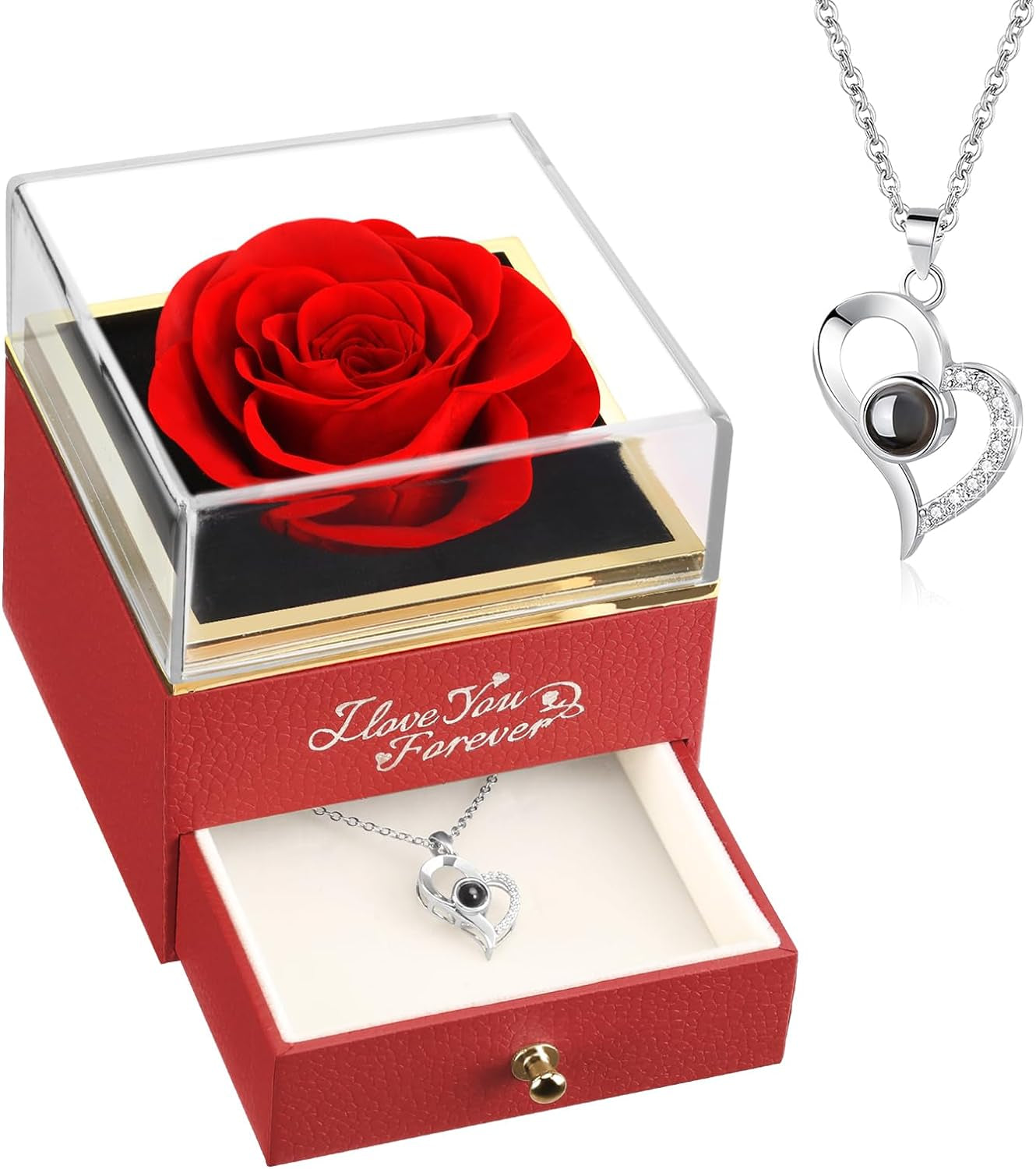 Mothers Day Gifts, Preserved Real Rose with I Love You Necklace, Forever Flowers Rose Gifts for Women, Mom, Wife and Girlfriend, Anniversary Birthday Gifts for Women