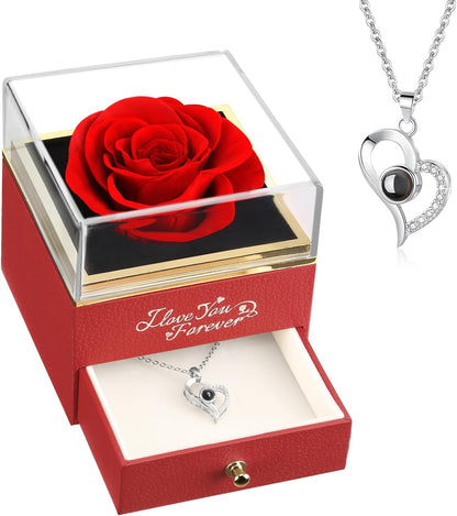 Mothers Day Gifts, Preserved Real Rose with I Love You Necklace, Forever Flowers Rose Gifts for Women, Mom, Wife and Girlfriend, Anniversary Birthday Gifts for Women