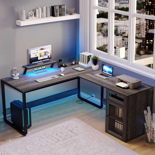 L Shaped Desk with Power Outlets & Drawer, Reversible Computer Desk with File Cabinet, Office Desk Corner Desk Gaming Desk with LED Lights & Monitor Stand, Gray