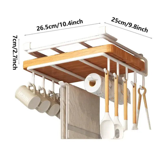 Multi-Use Kitchen Cabinet under Shelf Metal Cupboard Hanging Hooks Mug Cup Hanger Cutting Board Towel Tissue Storage Rack